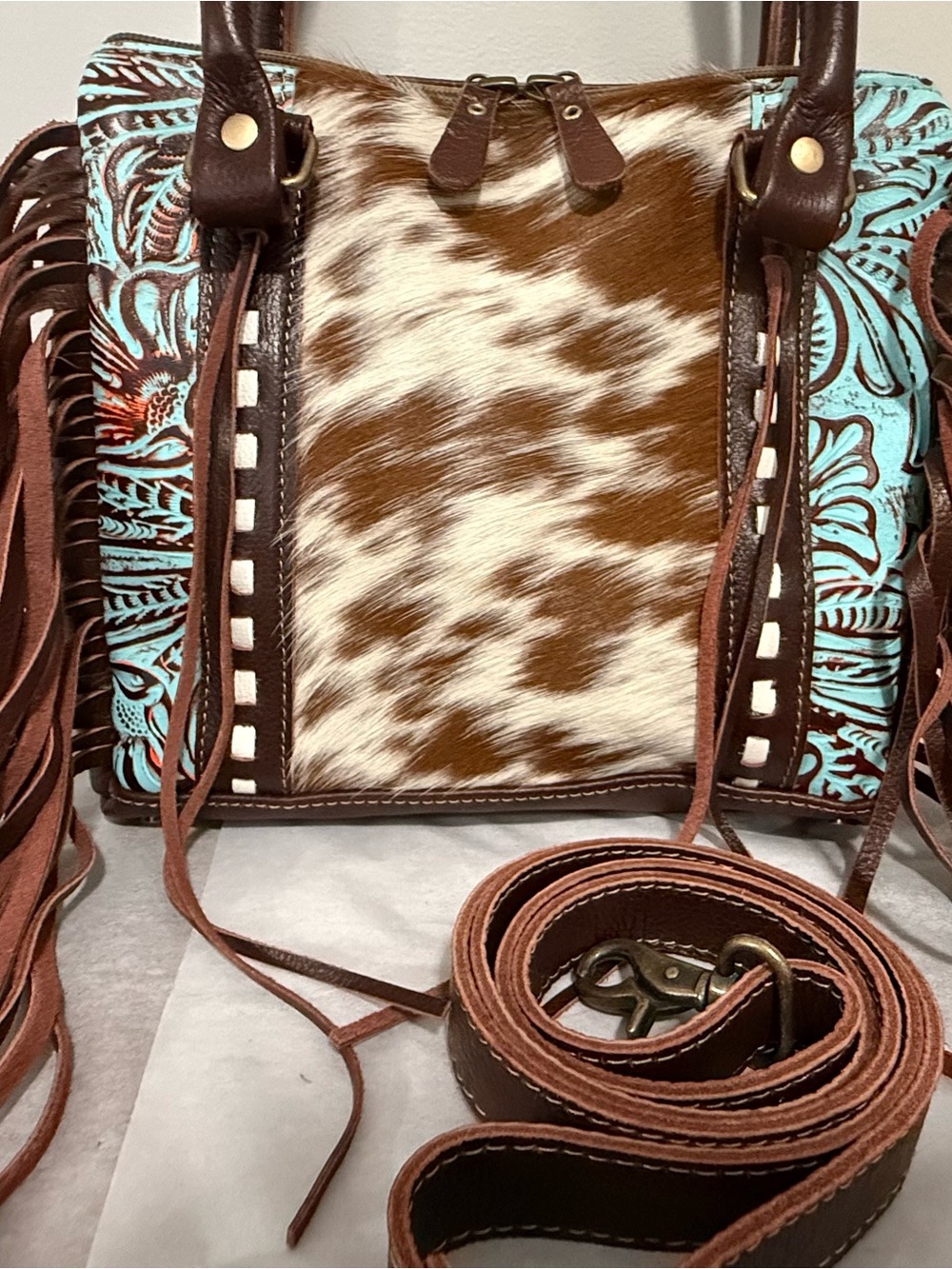 NWOT Myra Cowhide Tooled Leather Fringe Satchel CC - Picture 3 of 16
